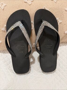 Havaianas Black Flip Flops with Clear Crystal-Embellished Straps